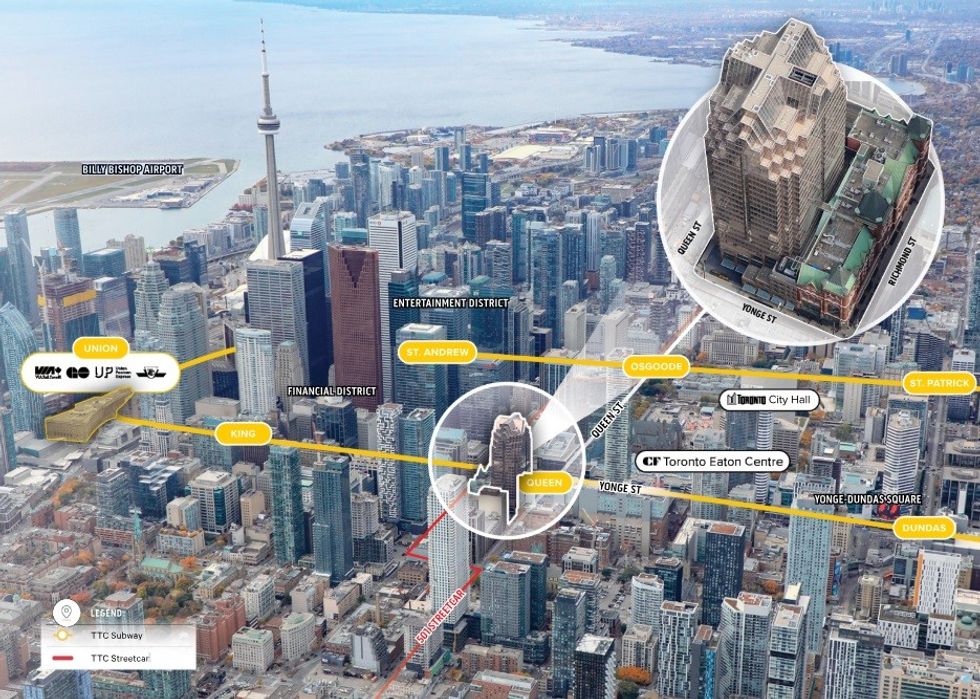 1 Queen Street East and 20 Richmond Street East in downtown Toronto.