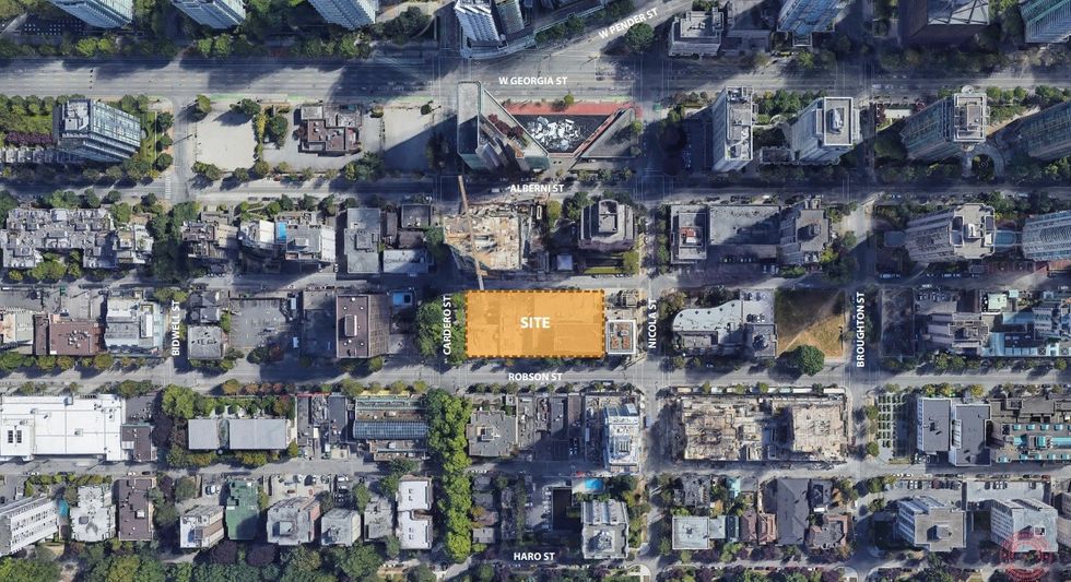 1555 Robson Street (west) and 1525 Robson Street (east) in the West End of Vancouver.