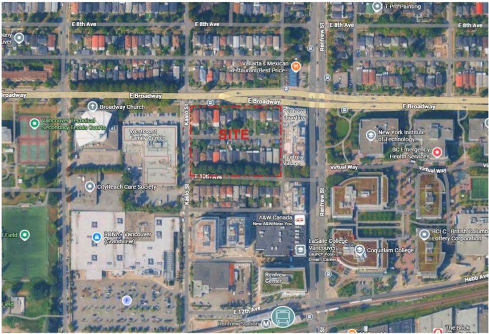 2808-2888 E Broadway, 2813-2881 E 10th Avenue, and 2528-2580 Kaslo Street in Vancouver, north of Renfrew Station.