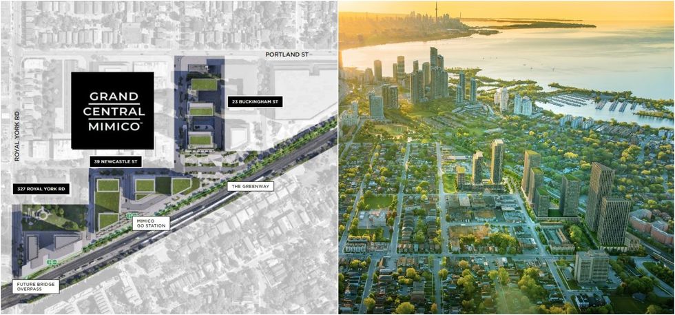 327 Royal York Road, 39 Newcastle Street, and 23 Buckingham Street, which make up Grand Central Mimico.