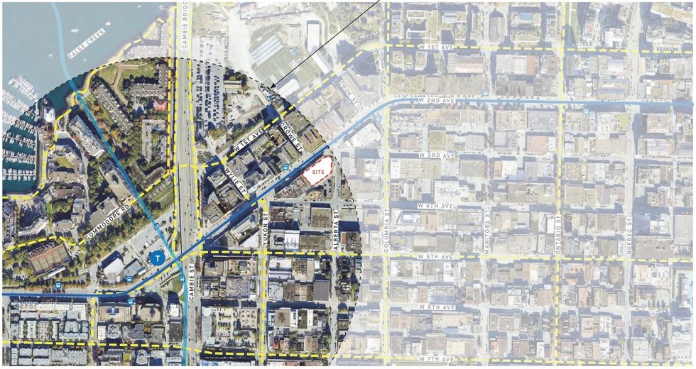 360 W 2nd Avenue and the 400-m radius around Olympic Village Station.