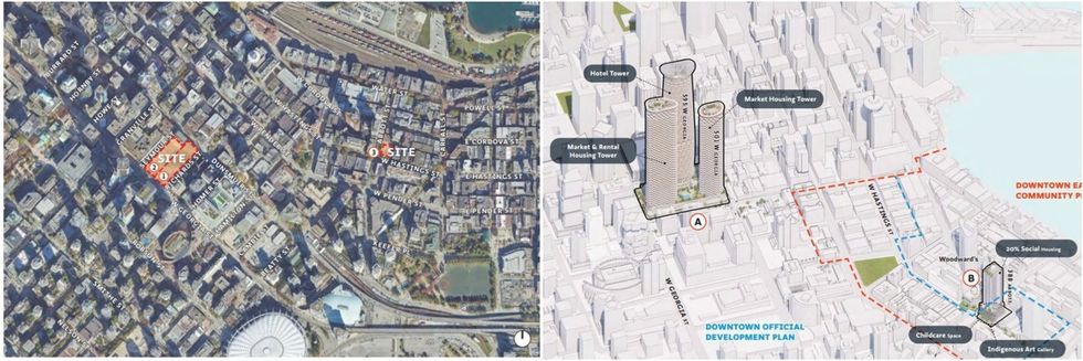 501 W Georgia Street (1), 595 W Georgia Street (2), and 388 Abbott Street (3) in downtown Vancouver.
