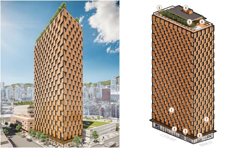 A 25-storey mass timber rental building set for 2015 Main Street that was approved by Vancouver City Council last week.