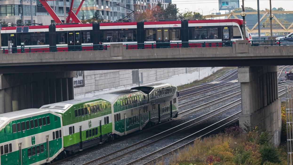 A GO Train and a TTC streetcar in Toronto.
