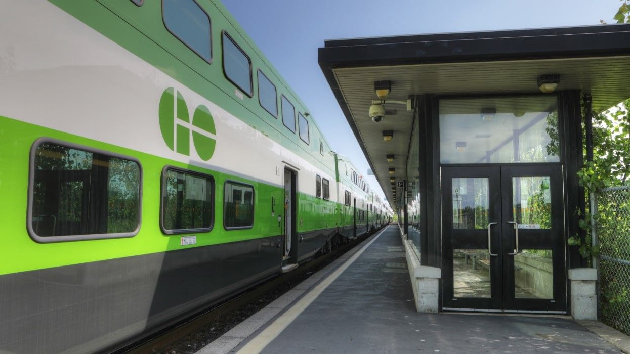 A GO train at a station in Hamilton, Ontario.