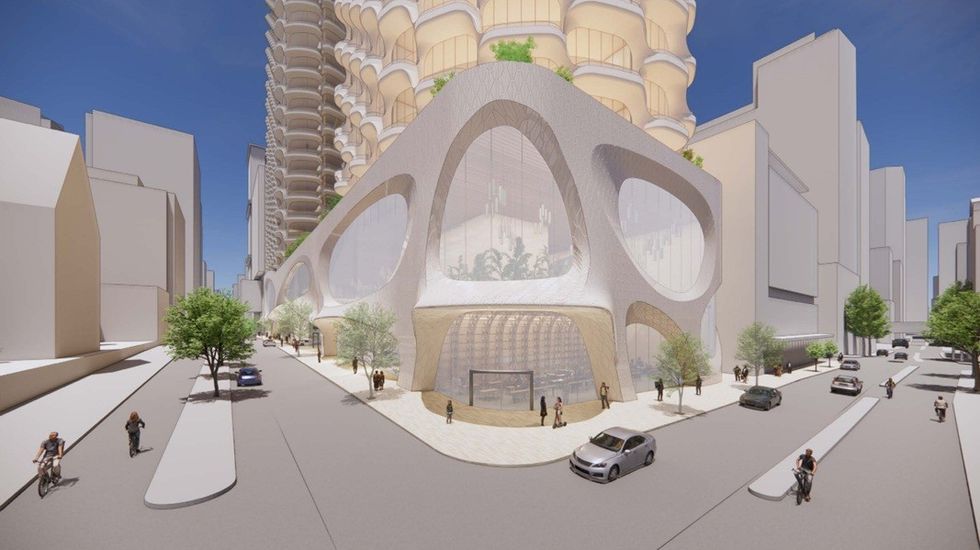 A ground-level rendering from the corner of Richards Street and Dunsmuir Street.