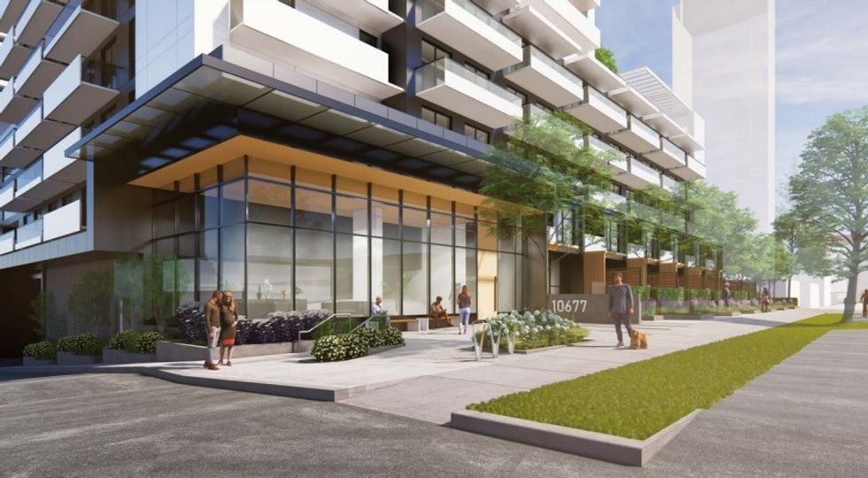 A ground-level rendering of one of the two towers.