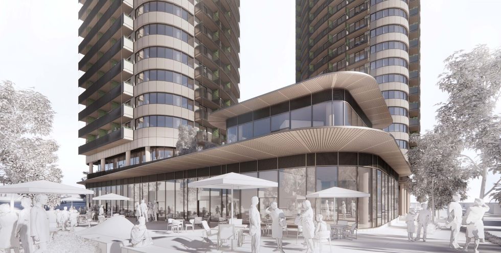 A ground-level rendering of the proposal for 602-644 Kingsway and 603-617 E 16th Avenue.