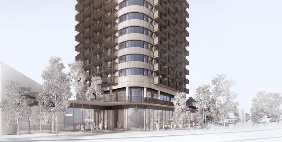 A ground-level rendering of the proposal for 602-644 Kingsway and 603-617 E 16th Avenue.