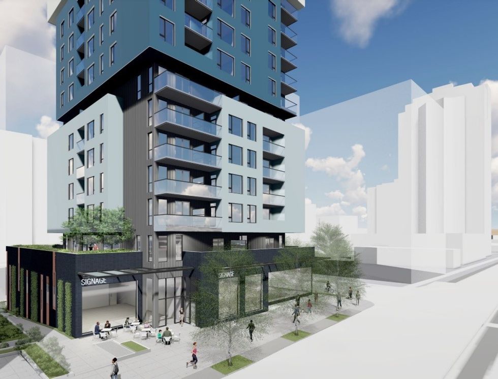 A ground-level rendering of the proposed building.