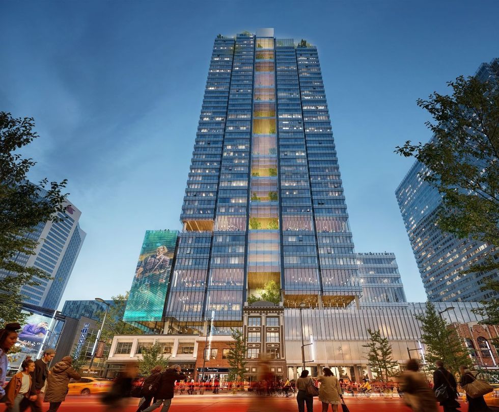 A ground-level rendering of the revised proposal for 800-876 Granville Street.
