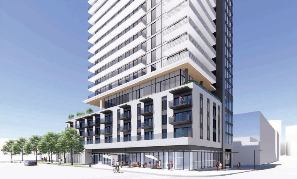 A ground-level rendering of the tower from the corner of 25th Avenue and Knight Street.