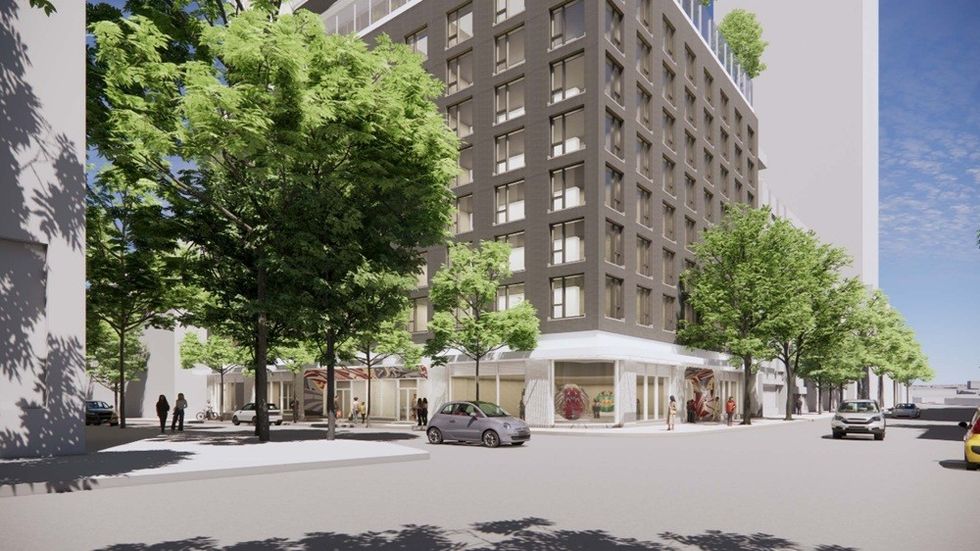 A ground-level rendering of the tower planned for 388 Abbott Street in Vancouver.