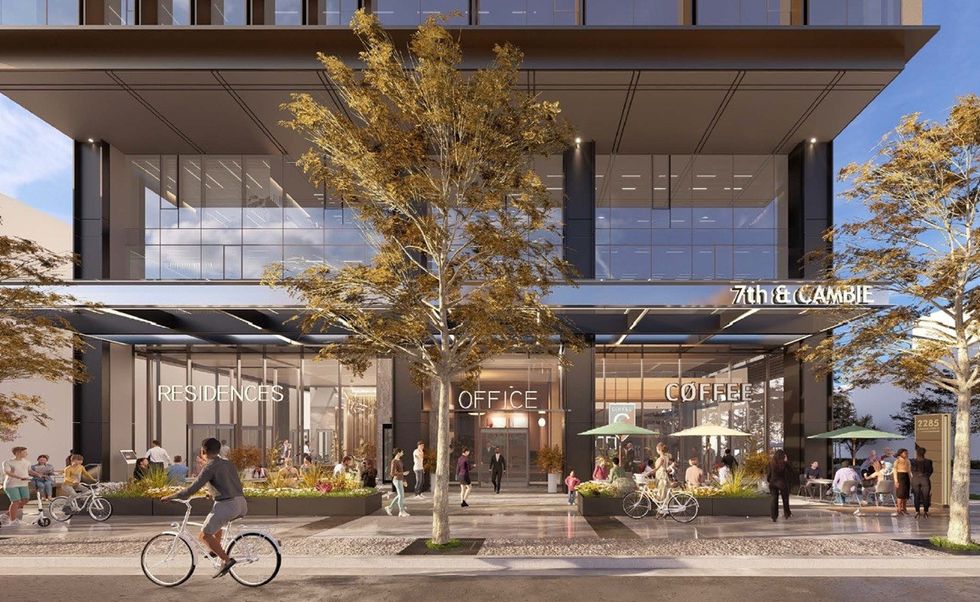 A ground-level rendering of the tower proposed for 2219-2285 Cambie Street in Vancouver.