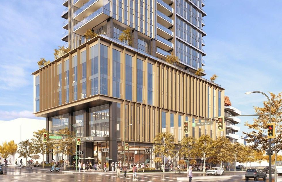 A ground-level rendering of the tower proposed for 2219-2285 Cambie Street in Vancouver.