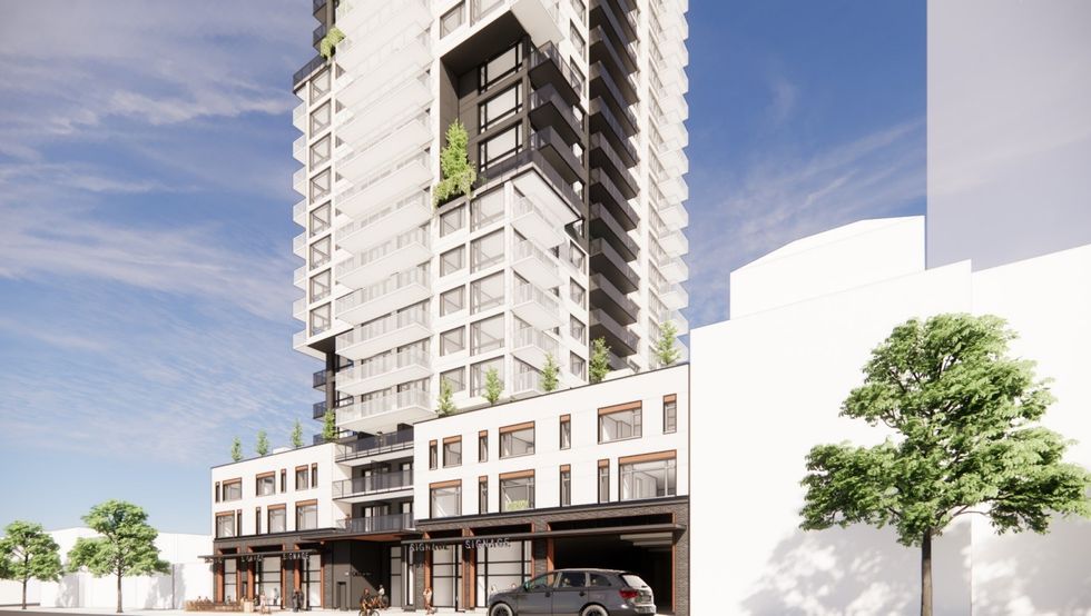 A ground level rendering of the tower proposed for 2245-2283 W Broadway in Vancouver.