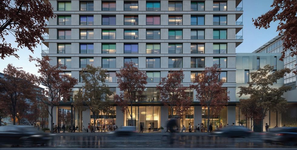 A ground-level rendering of the tower proposed for 365-395 W Broadway in Vancouver. 