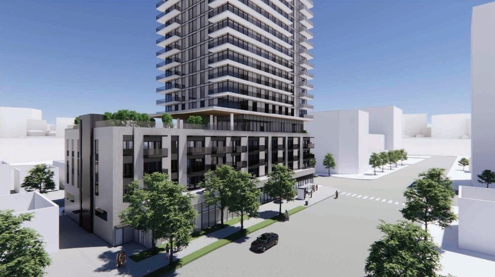 A ground-level rendering of the tower proposed for 4001-4009 Knight Street and 1348 E 24th Avenue.