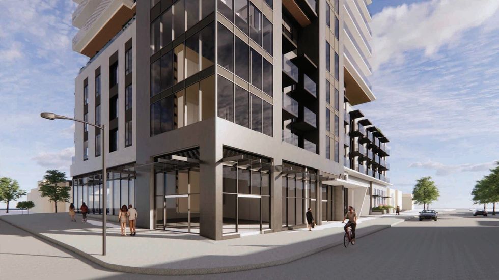 A ground-level rendering of the tower proposed for 4001-4009 Knight Street and 1348 E 24th Avenue.