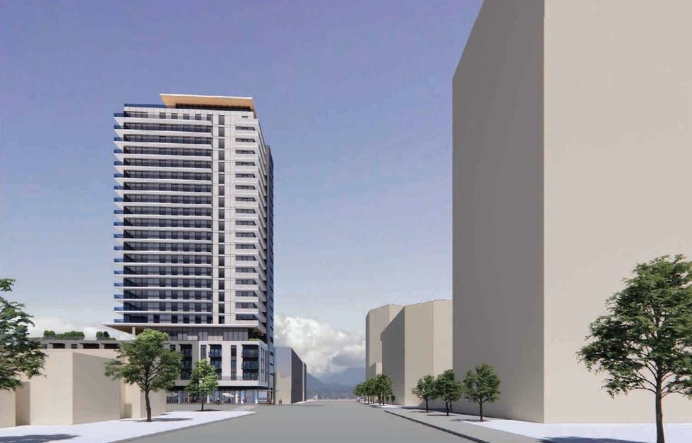 A ground-level rendering of the tower proposed for 4001-4009 Knight Street and 1348 E 24th Avenue.