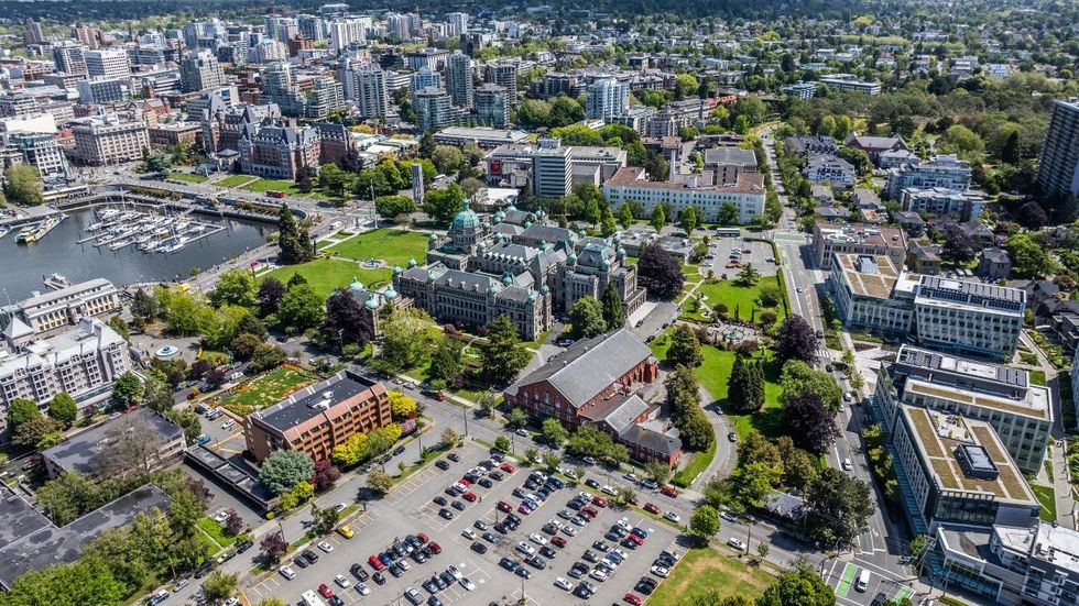 A large surface parking lot near the Legislative Assembly of British Columbia in Victoria.