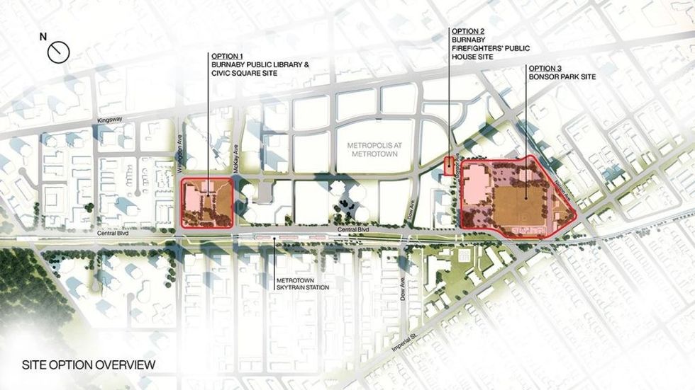 A map depicting the three options for Burnaby's new City Hall.