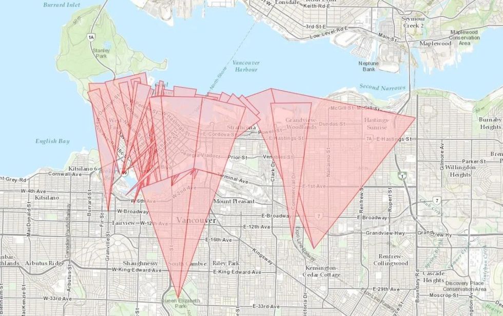 A map depicting Vancouver's 26 view cones.