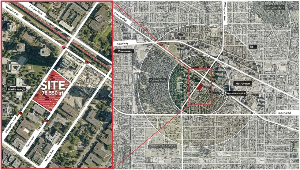 A map highlighting the 6280 and 6350 Willingdon site in Burnaby.