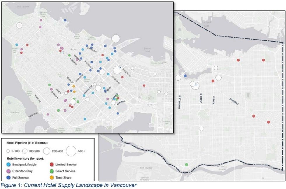 A map of existing hotel inventory and the hotel development pipeline in Vancouver.