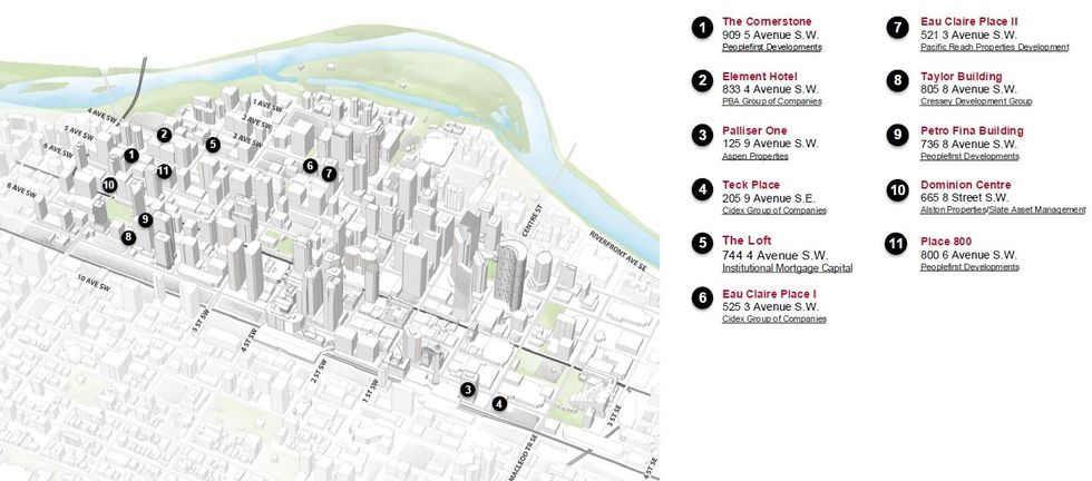 A map of the 11 office conversions approved under the Downtown Development Incentive Program.