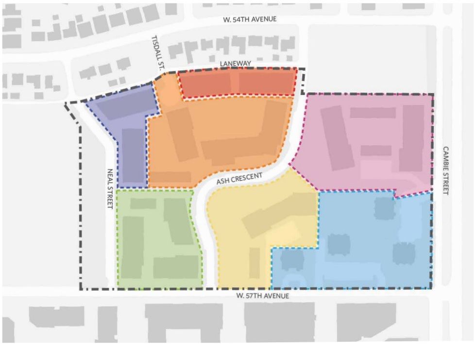 A map of the site divided into 7 portions.