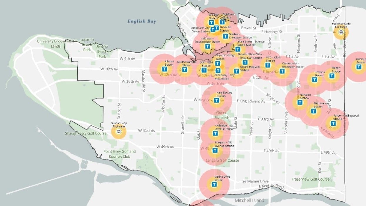 A map of Vancouver's 29 transit-oriented areas (TOAs)