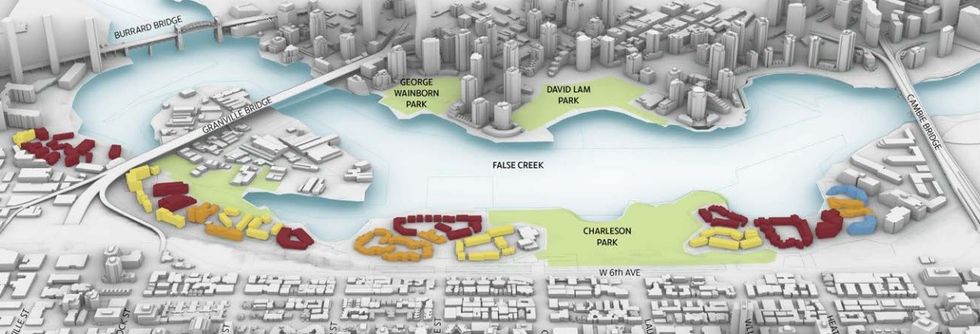 A map showing existing housing and tenures in False Creek South.