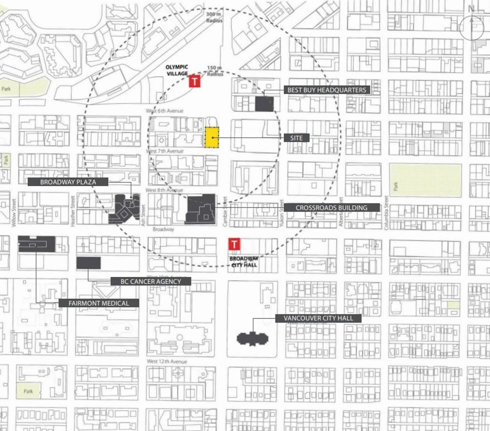 A map showing the 2219-2285 Cambie Street site.