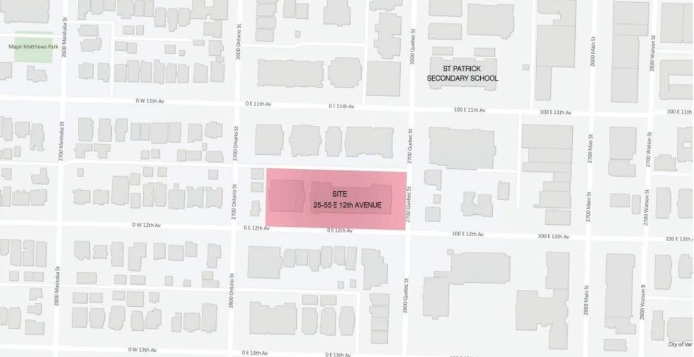 A map showing the 25-55 E 12th Avenue site in Vancouver.