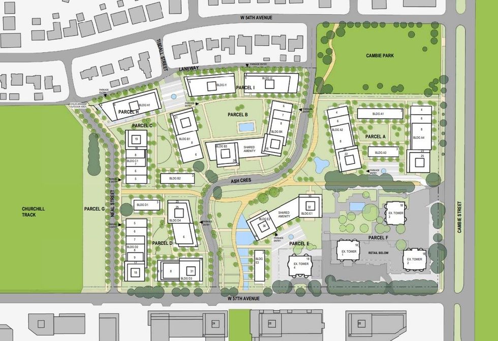 A map showing the proposed layout of the site and building heights.