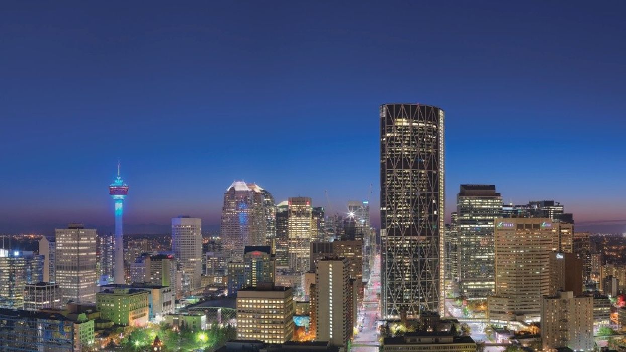 A night-time view of Calgary's skyline.