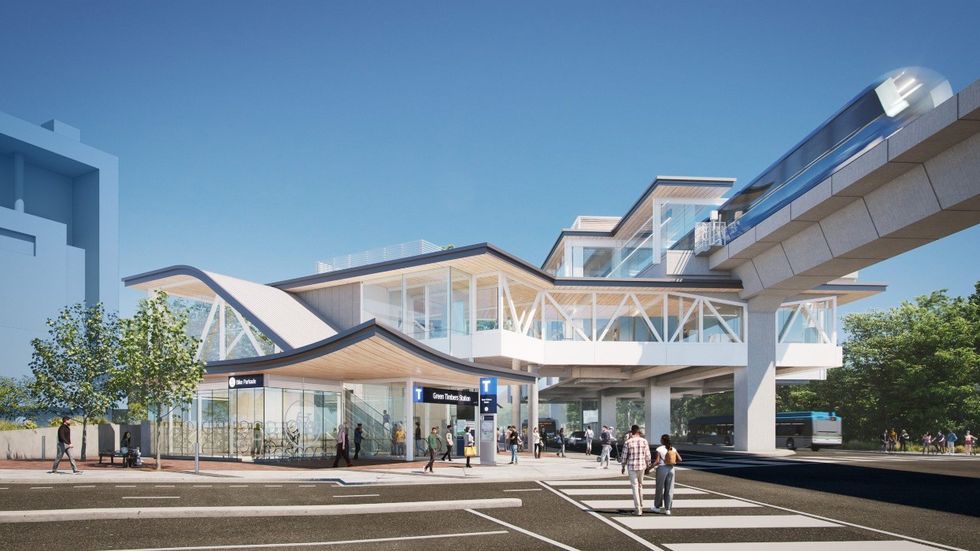 A preliminary rendering of the future Green Timbers Station at 140 Street and Fraser Highway.