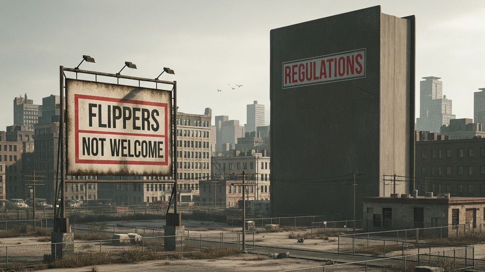 A "Regulations" tower looming over a sign that says "Flippers Not Welcome"