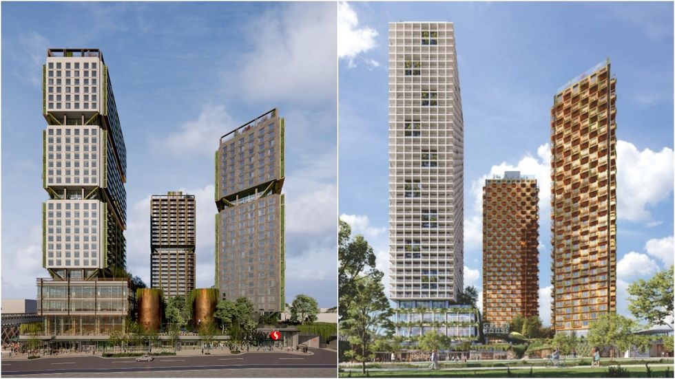 A rendering of a previous iteration of the proposal (left) and the most recent proposal (right).