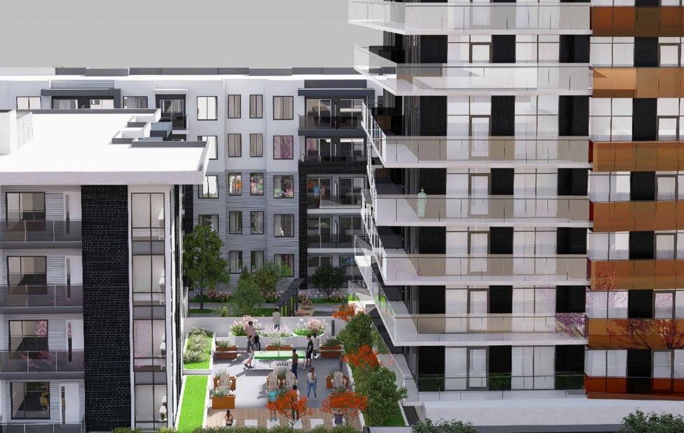 A rendering of a proposed outdoor amenity space.