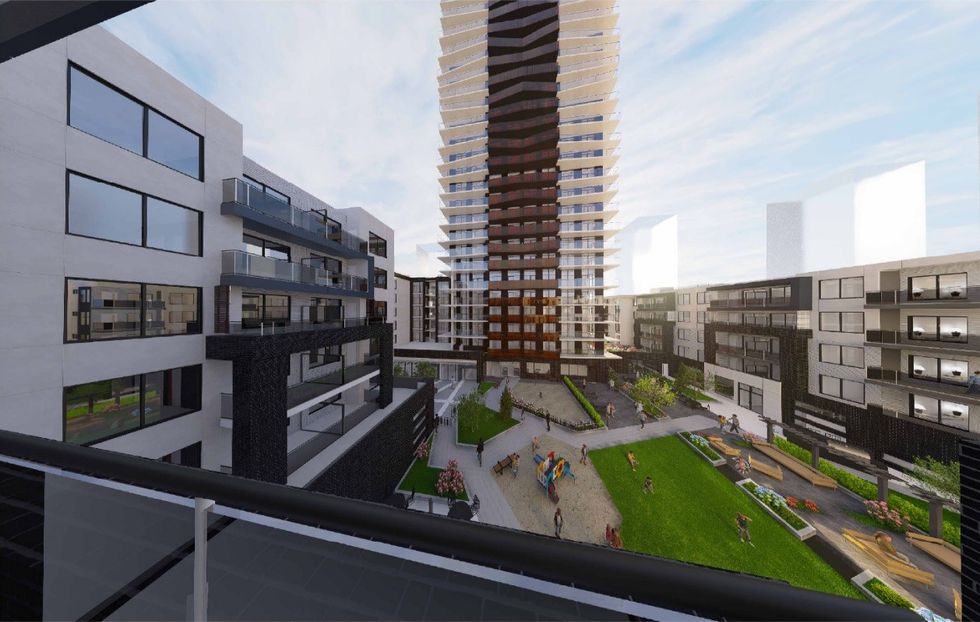 A rendering of a proposed outdoor amenity space.