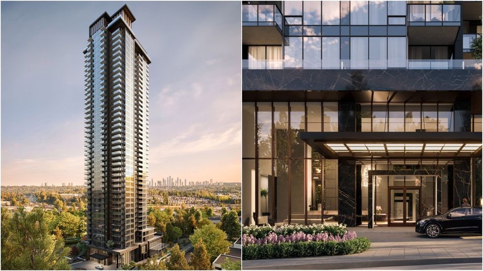 A rendering of Bassano Tower One (left) and its main entrance (right).