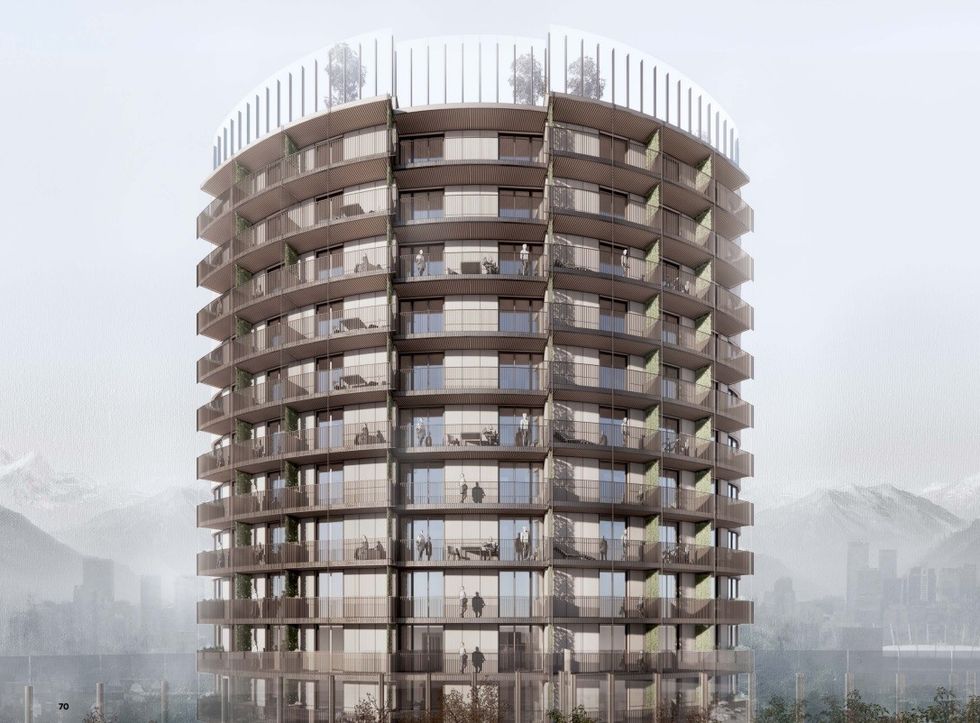 A rendering of one of the towers proposed for 602-644 Kingsway and 603-617 E 16th Avenue.