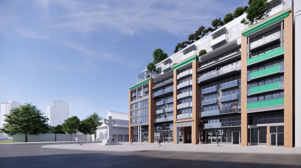 A rendering of the 2025 proposal for 105 Keefer Street (570 Columbia Street).