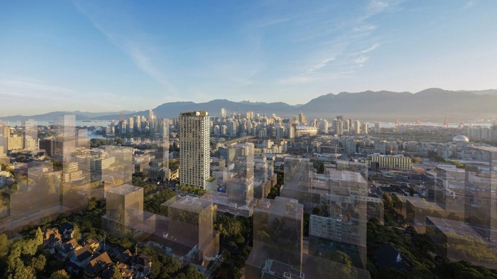 A rendering of the 32-storey tower proposed for 365-395 W Broadway in Vancouver.