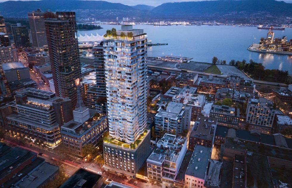 A rendering of the 38-storey social housing tower planned for 388 Abbott Street in Vancouver.