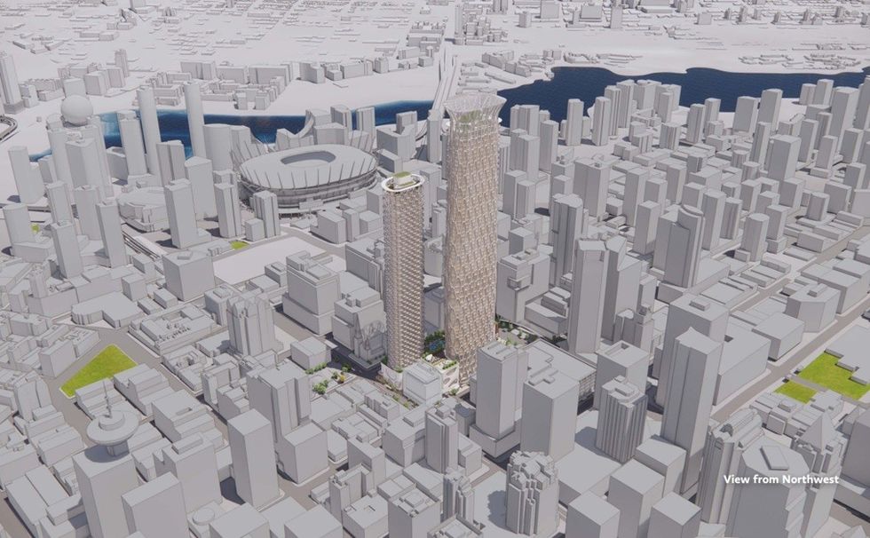 A rendering of the 63-storey North Tower planned for 501 Georgia Street (left) and the 68-storey hotel planned for 595 W Georgia Street.