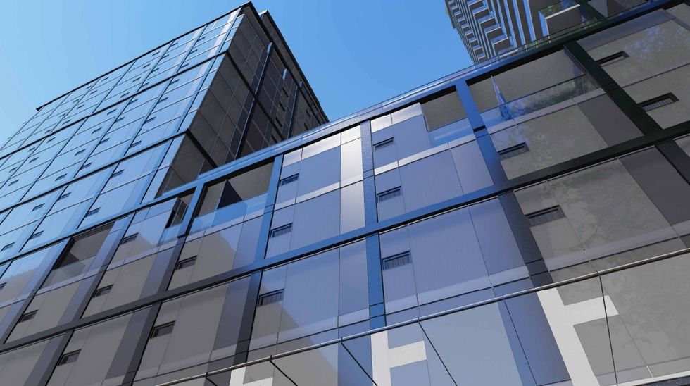 A rendering of the building facade from the rear lane.