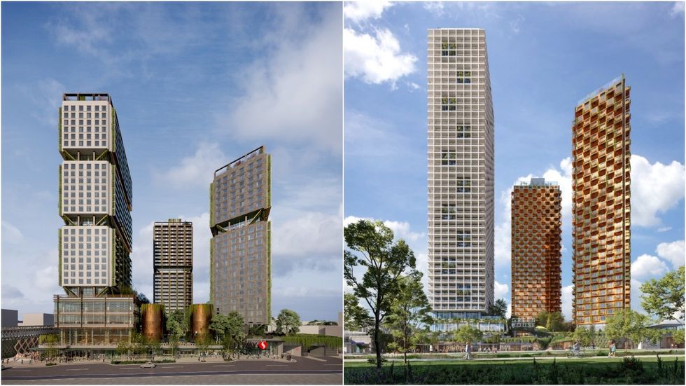 A rendering of the Commercial-Broadway Safeway redevelopment from 2019 (left) and 2024 (right).